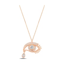 Çekirdekjewelry Rose Renk Göz Kolye Damla Taşlı Şık Tasarım Zirkon 925 Ayar Gümüş Pembe