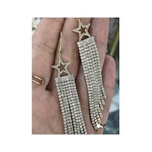 Yıldız Detaylı Taşlı Ve Sallantılı Model Küpe Altın