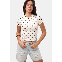 Kadın Ekru Puantiyeli S6-101 Crop Fit T-shirt