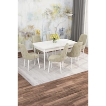 Zümra Serisi, Beyaz 80x132 Açılabilir Mdf Mutfak Masası Takımı 6 Adet Sandalye Krem