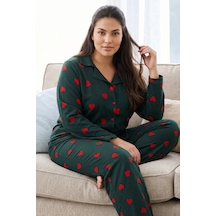 Siyah İnci Desenli Termal Kumaşlı Ultra Soft Yumuşak Büyük Beden Battal Boy Düğmeli Örme Pijama Takımı 26226505 Yeşil