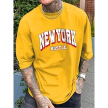 Newyork Hustle Süprem T-shirt - Sarı Baskılı Oversize Bisiklet Yaka Kısa Kol Tişört Sari