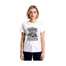 Paybuy Kadın Vintage Otomotif Araçları Efsanesi Baskılı Kısa Kollu Rahat Beyaz
