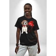 Poodle Ve Beagle Sevililer Günü Hediyesi Pamuklu Bisiklet Yaka Unisex Oversize Boyfriend Dijital Baskılı Siyah T-shirt Siyah