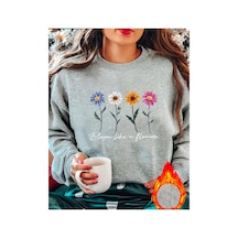 Medinenur Renkli Çiçekler Baskılı Bisiklet Yaka Şardonlu Sweatshirt Gri