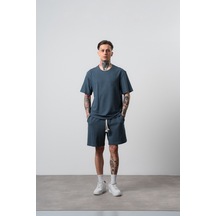 Erkek Pis Dikişli Regular Fit T-shirt Şort Takım Petrol