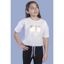 Toontoy Kids Toontoy Kız Çocuk Crop Model Kordon Detaylı Varak Baskılı Tişört Ekru