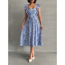 Kadın Çiçek Desenli Fırfır Detaylı Yazlık Dokuma Elbise Mavi