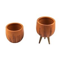Bitki Tasarımı Ev Dekorasyon Siyah Çizgi Desenli Terakota Toprak Saksı Saksılık Salon Çiçeklik İkili Set Ayaksız, 3 Ayaklı 12 Cm