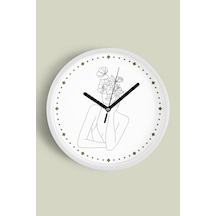 Çiçekli Kadın Silüeti Minimalist Modern Duvar Saati - 35cm - Önü Camlı Beyaz Kasa - Sessiz Mekanizma Beyaz