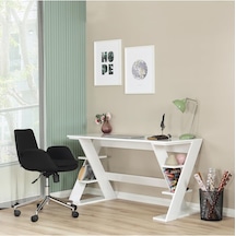 Lungo Raflı Çalışma Masası, Ofis Masası, 60x140 Cm, Parlak Beyaz Çok Renkli