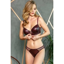 Ang Butik Kadın Deri Görünümlü Balenli Destekli Dolgulu Askıları Çıkabilen Ortası Fermuarlı Büstiyer Sütyen Ve Slip Takım MÜRDÜM