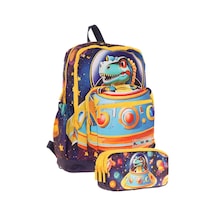 Kaukko Kids Layer Erkek Çocuk Okul Çantası + Kalem Çantası Seti Mavi Sarı - Astronot Dinazor Mavi - Sarı