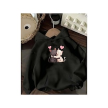Herkesemoda Kedi Baskı Detaylı İçi Polarlı Kapüşonlu Sweatshirt Siyah