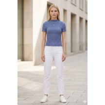 Kadın Mavi Büzgülü Dokulu Bluz Slim Fit Kısa Kol Yüksek Yaka Esnek Modern Şık Üst Bluz