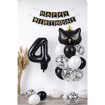 4 Yaş Kedi Temalı Doğum Günü Balon Seti Siyah Konsept Siyah