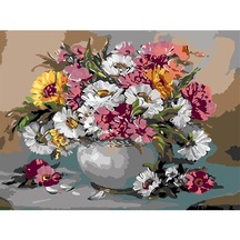 Gri Vazo Ve Çiçekler Sayılarla Boyama Seti(50X65 Cm Tuval Şasesin
