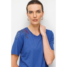 Kadın Sıfır Yaka Tek Omuzu Nakışlı Penye T-shirt İndigo İndigo