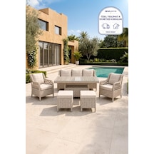 Niron Grand 3'lü Rattan Alüminyum Bahçe Oturma Grubu - Cappucino Temperli Cam Set 3+1+1+puf Diğer