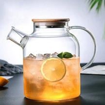 Qerhome Borosilikat Cam Bambu Kapaklı Bitki Çayı Demliği & Sürahi 1500 Ml Şeffaf
