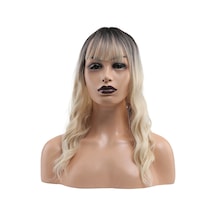 Dalgalı Kısa Perçemli Fiber Sentetik Peruk - Kahve / Platin Ombreli