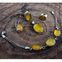 Elips Model Kehribar Taşlı El Işçiliği Gümüş Kadın Dörtlü Set (505612279)