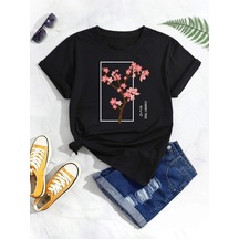 Flood Of Style Kadın Siyah Cherry Baskılı Bisiklet Yaka Tshirt