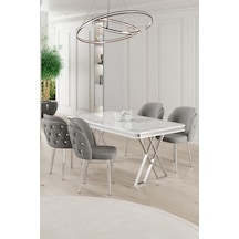 Canisa Rigel Serisi 80x130 Lak Panel Beyaz Mermer Desen Masa Takımı Krom Ayaklı 4 Gri Sandalye Masa Beyaz Mermer Desen Sandalye Gri