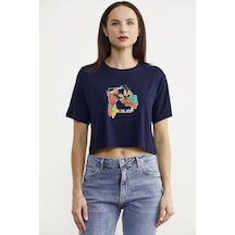 Oversize Baskılı Crop Tişört - Lacivert Çok Renkli