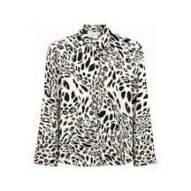 Mixray 4477 Kadın Leopar Desen Saten Gömlek Siyah Siyah