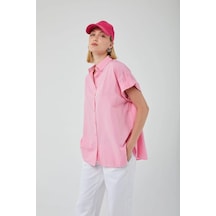 Mixray 3967 Kadın Apoletli Kısa Kol Oversize Gömlek Şeker Pembe