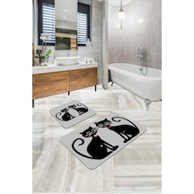 Gri Kedi Temalı Banyo Halısı Klozet Takımı Paspas Seti Bs252n11