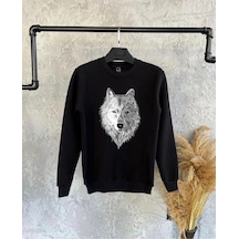 Startmore Siyah Oversize Alfa Kurt Baskılı Kapşonsuz 0 Yaka Pamuklu Unisex Sweatshirt Siyah