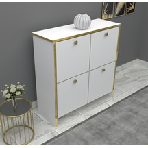 %100 Mdf 2 Kapaklı Küp Altın Sarısı Desenli Gövdeli Ayakkabılık Beyaz
