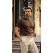 Efnaz Style Erkek Basic Bisiklet Yaka Kısa Kollu Triko Tişört - %100 Pamuk Akrilik Kahverengi