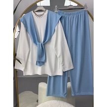 Lovie Moda Kadın Çıkarılabilir Şal Detaylı Pantolonlu Tesettür Takım Mavi