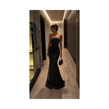 Lior Design Kadın Modern Straplez Dantel Detaylı Abiye Elbise Siyah