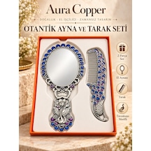 Aura Copper Tavus Kuşu Motifli Mineli El Aynası Ve Tarak Seti 2 Parça Ac-at-002-gümüş Mavi