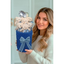 Deluxe Lacivert Peluş Silindir Kutuda, Kalpli Balonlu 6 Lı Lacivert Ayıcık Buketi - Sevdiğine Hediye