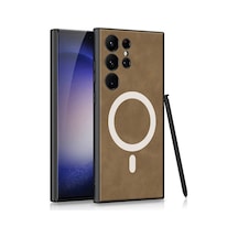 Samsung Uyumlu GalaxyS24 Ultra Kılıf M-safe Şarj Özellikli Deri Tasarımlı Celikaksesuar Kıpta Nubuk Kılıf Kahverengi
