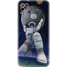 Infinix Hot 11 Play Kılıf Silikon Desen Astronot Ve Dünya 1759 Siyah