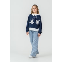 Miniko Kids Kız Çocuk Bayramlık Çiçekli Taşlı Kot Pantolonlu 2li Takım Lacivert