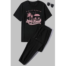Uyguntarz Unisex Long Beach Baskılı 2'li Eşofman Takımı Siyah