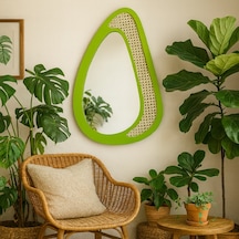 48x80 Cm Yeşil Rattan Çerçeveli Organik Ayna Modern Dekoratif Duvar Aynası Tasarım Ayna, Rattan Ayna, Salon & Genç Odası Dekoru Yeşil