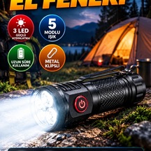 3 Led Mini El Feneri 5 Modlu Güçlü Aydınlatma Metal Klipsli