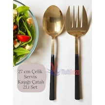Büyük Boy Çelik Servis Kaşığı Servis Çatalı 27 Cm 2li Set, Altın Çok Renkli