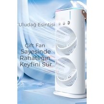 Şarjlı Kumandalı Çift Fanlı Işıklı Su Püskürtmeli Buzlu Nemlendiricili Döner Serinletici Vantilatör