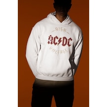 Sevbano High Ac Dc Voltage Yazılı Unisex Oversize Rock Metal Hoodie Beyaz