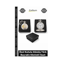 Saat Antika Görünümlü Nostaljik Şık Tasarım Özel Kutulu Gümüş Türk Bayraklı Köstekli Saat Çok Renkli
