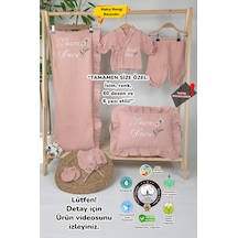 Gros Shop Müslin Yeni Doğan 4katlı Organik %100pamuk Kişiye Özgü Nakışlı Hastane Çıkış Seti Pudra Papatyalı Pudra-1